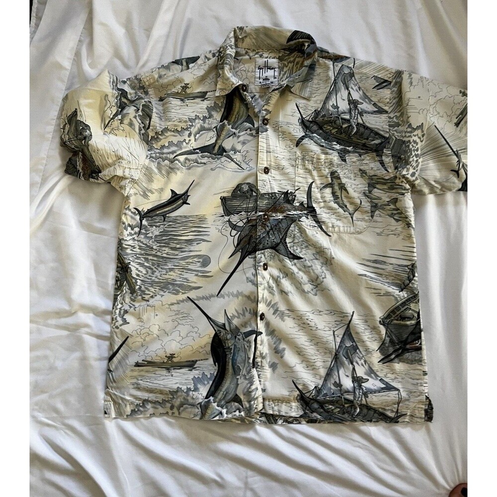 Guy Harvey Facto Bluewater Button Down Hawaiian Shirt Marlin Fishing Sz Lg